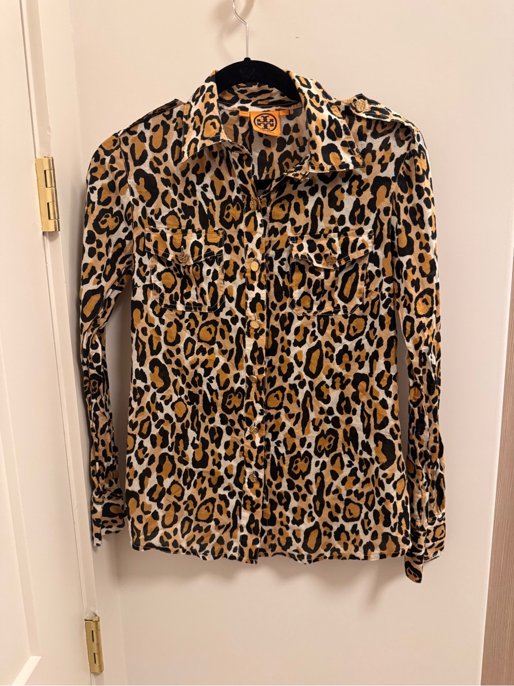 Tory Burch Leopard Print Blouse Sz4 100% Cotton Epaulets Animal Print